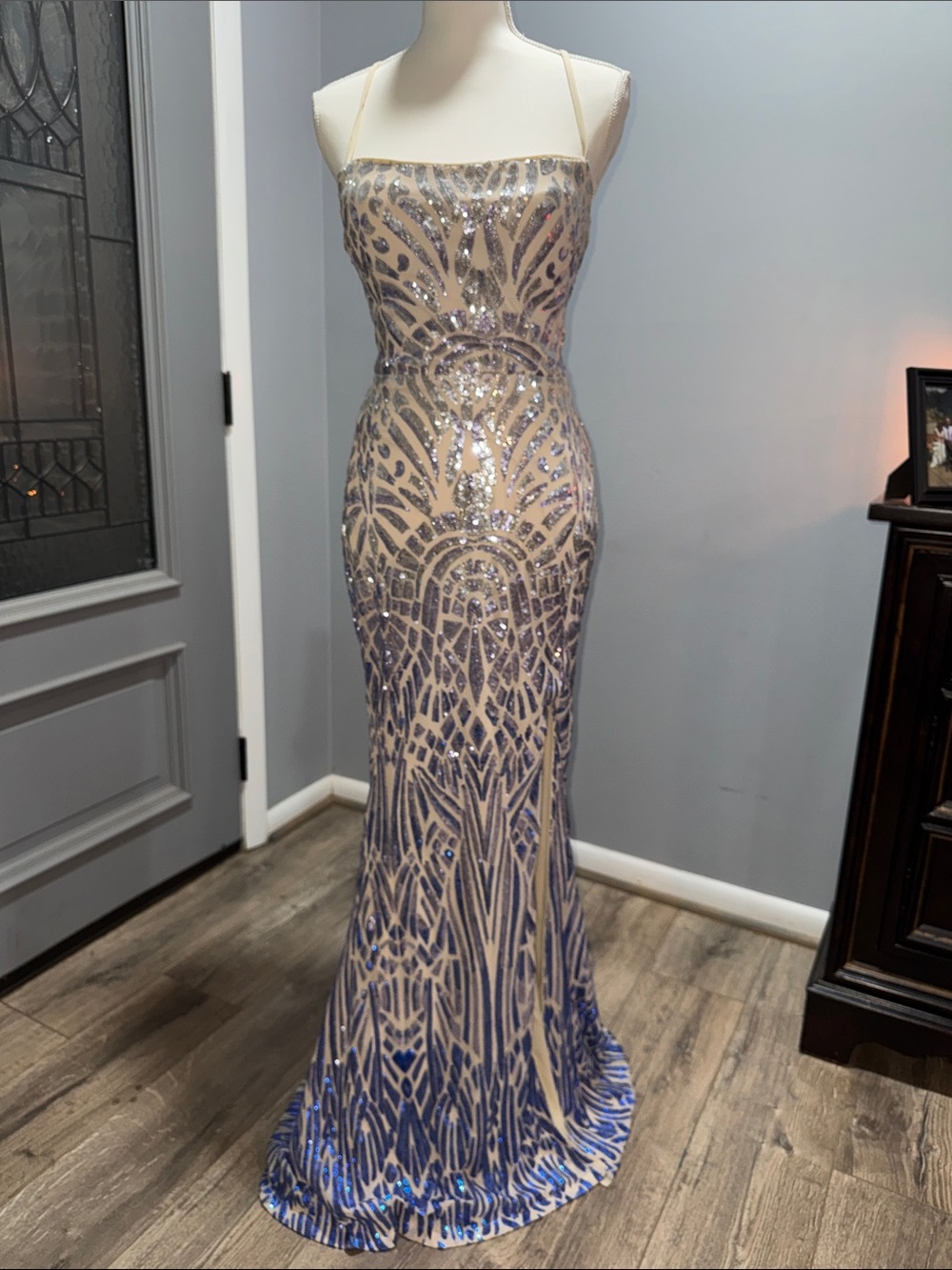 Nude and Silver Sequin Prom Gown with Slim Silhouette